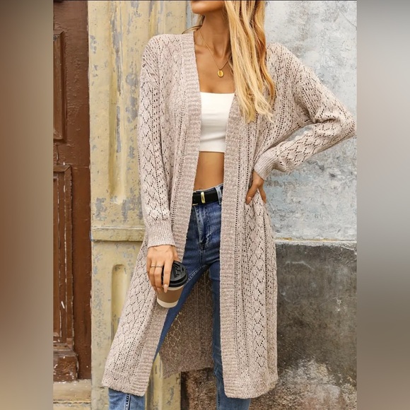 New Open Front Solid Crochet Hollow Cardigan Knit Long Sleeve Split Neutral NWT - Picture 8 of 16